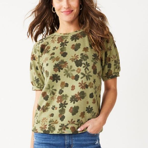 Sonoma Goods For Life olive camo floral puff sleeveve sweatshirt - Picture 1 of 6